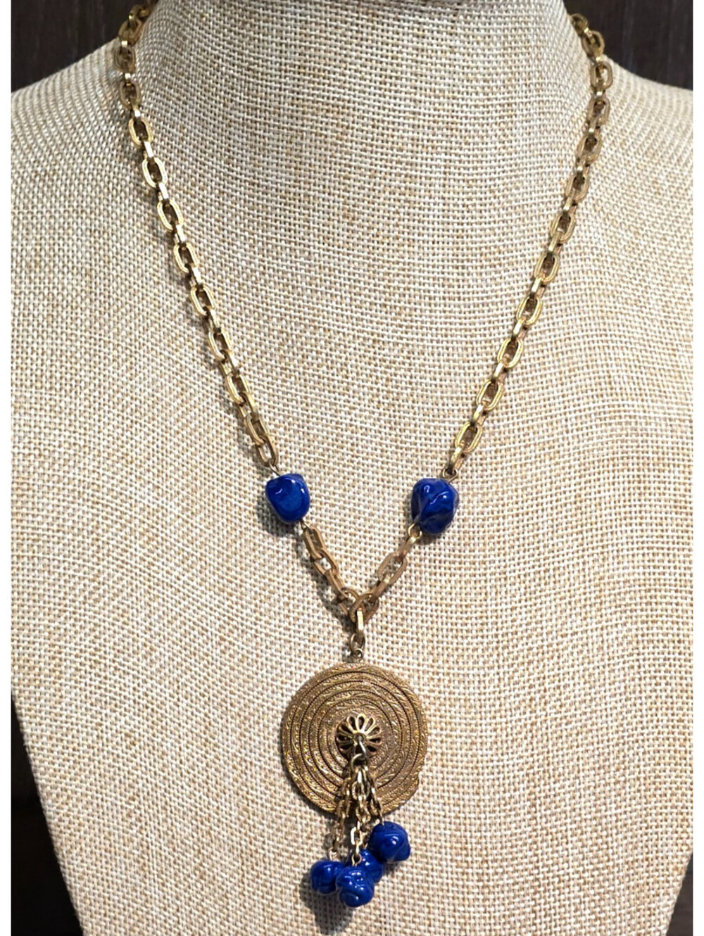 Vintage 1930s Art Deco Gilded Brass Necklace Czech Glass Beads Etruscan Revival